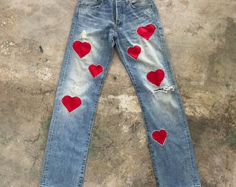 Made To Order Vintage Levis 501 Jeans Light Wash Patchwork Heart Jeans, Love Unique Handcrafted Denim, Stylish Everyday Wear, Gift,