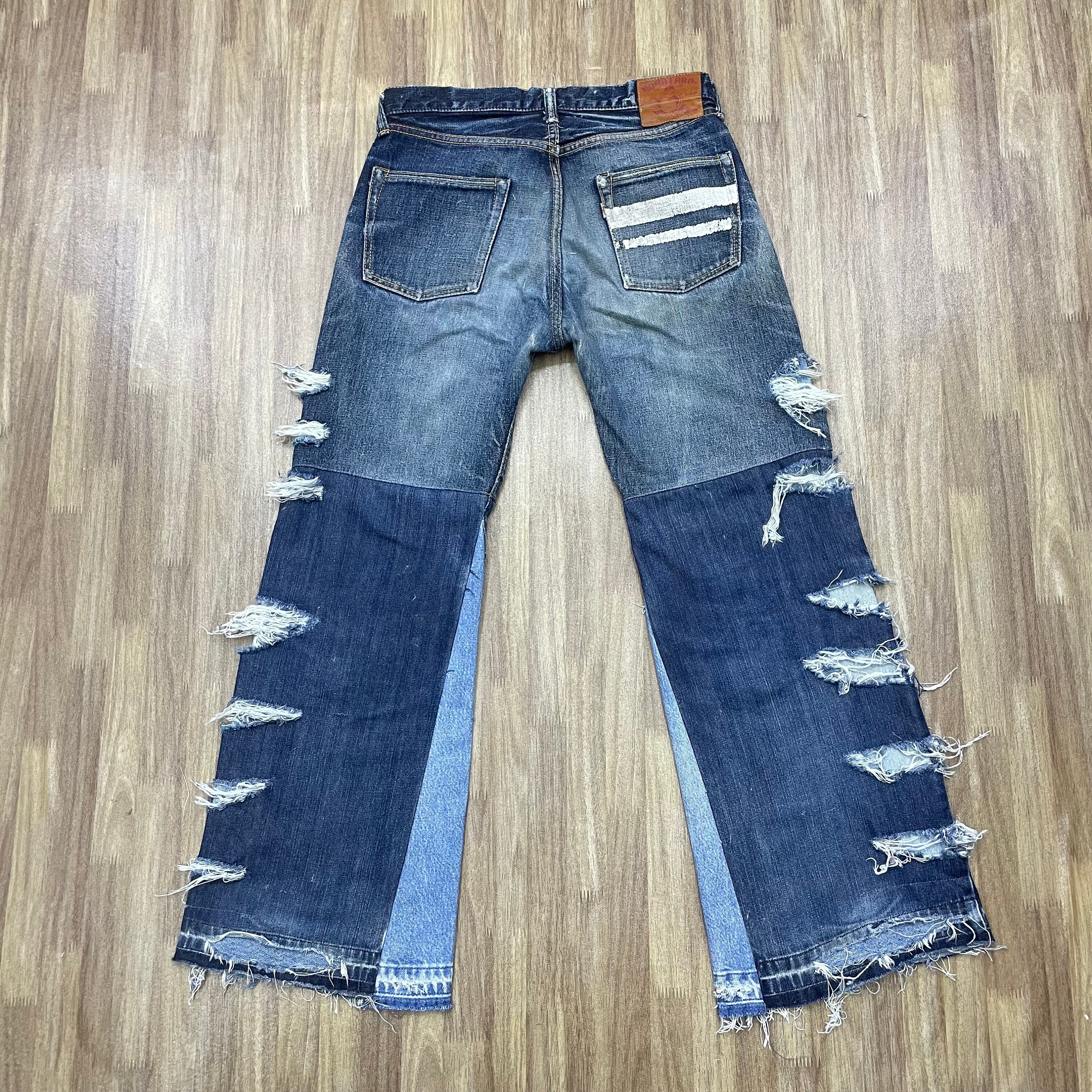 32 x 31 ヴィンテージ桃太郎ジーンズ リメイク、ダメージ加工 