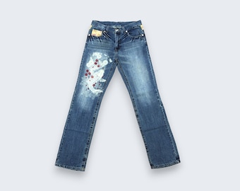 Ready To Ship 33 x 35 Vintage Koi Fish Japan Motif Jeans Distress Faded Medium Wash High Waist Denim Grunge Style Mom Jeans