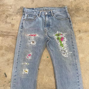 Ready To Ship Custom Reworked Levi's 505 Jeans W32 L30 Sashiko Stitch Patchwork Denim Pants 1 of 1