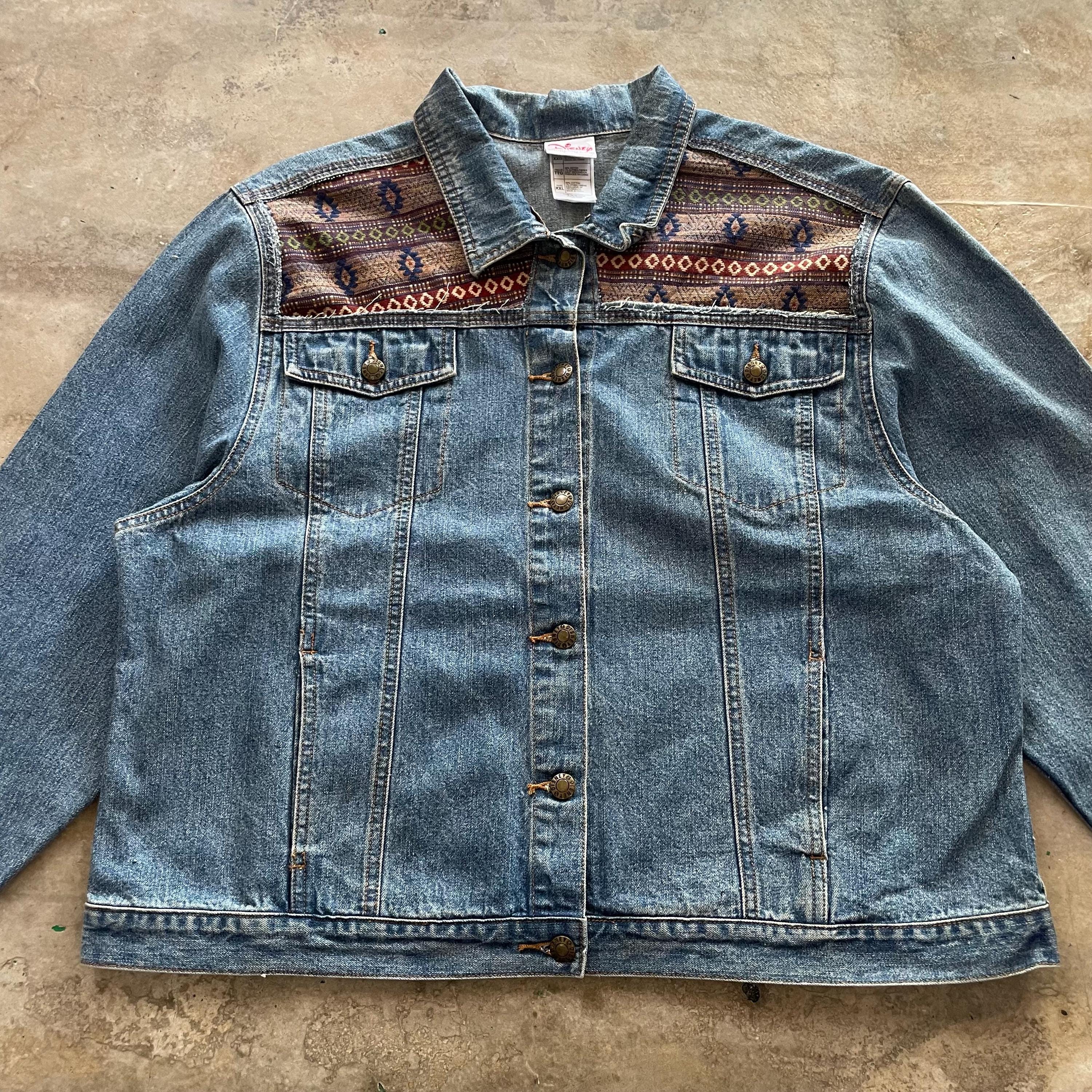 Ready to Ship Vintage 90s Denim Jacket Patchwork Navajo Stylish 
