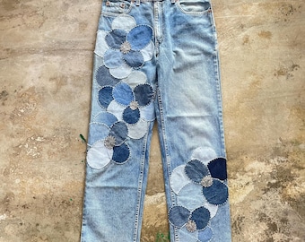 Made To order Custom Reworked Levi's 501 Jeans Patchwork Upcycled Denim with Flower Hippie Style Patches