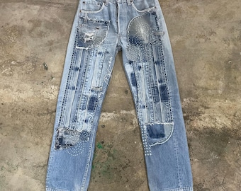 Made To Order Custom Sashiko Patchwork Denim Jeans – Upcycled Vintage Levi's 501 Reworked Streetwear Pants
