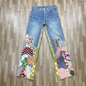 Made To Order Vintage 90s Levis 501 Jeans Light Wash Patchwork Floral Wide Leg Jeans, Unique Handcrafted Denim, Stylish Everyday Wear,  Gift