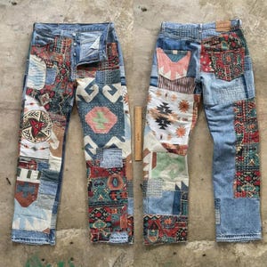Ready To Ship Vintage 90s Levis 501 Custom Rework Upcycled Denim Patchwork Jeans W34 L32 Sashiko Stitch Southwestern Tapestry Pants