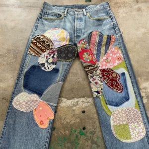 33 x 33.5 Vintage 90s Kapital Jeans Selvedge Hippie Patchwork Denim, Reworked Upcycled Retro Pants, Unique Boho Style for Casual Wear