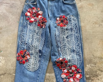 Vintage 90s Levi’s Tapered Jeans Custom Reworked Floral Murakami Patchwork Upcycled Denim with Sashiko Stitching Boro Style Jeans