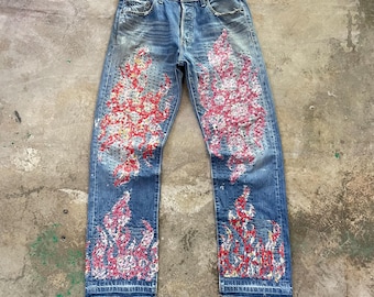 Ready To Ship Vintage 90s Levis 501 Custom Jeans Sashiko Boro Reworked Denim Distressed Streetwear Pants Hand Stitched Patchwork Size 30