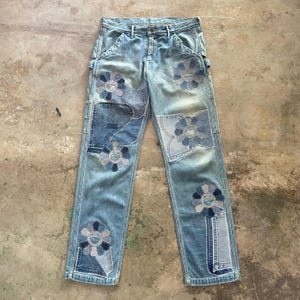 Niestandardowe 1 z 1 dżinsów Kapital Denim Patchwork Jeans Murakami Style Smiley Flower Reworked Carpenter Pants Japanese Streetwear Rozmiar 32