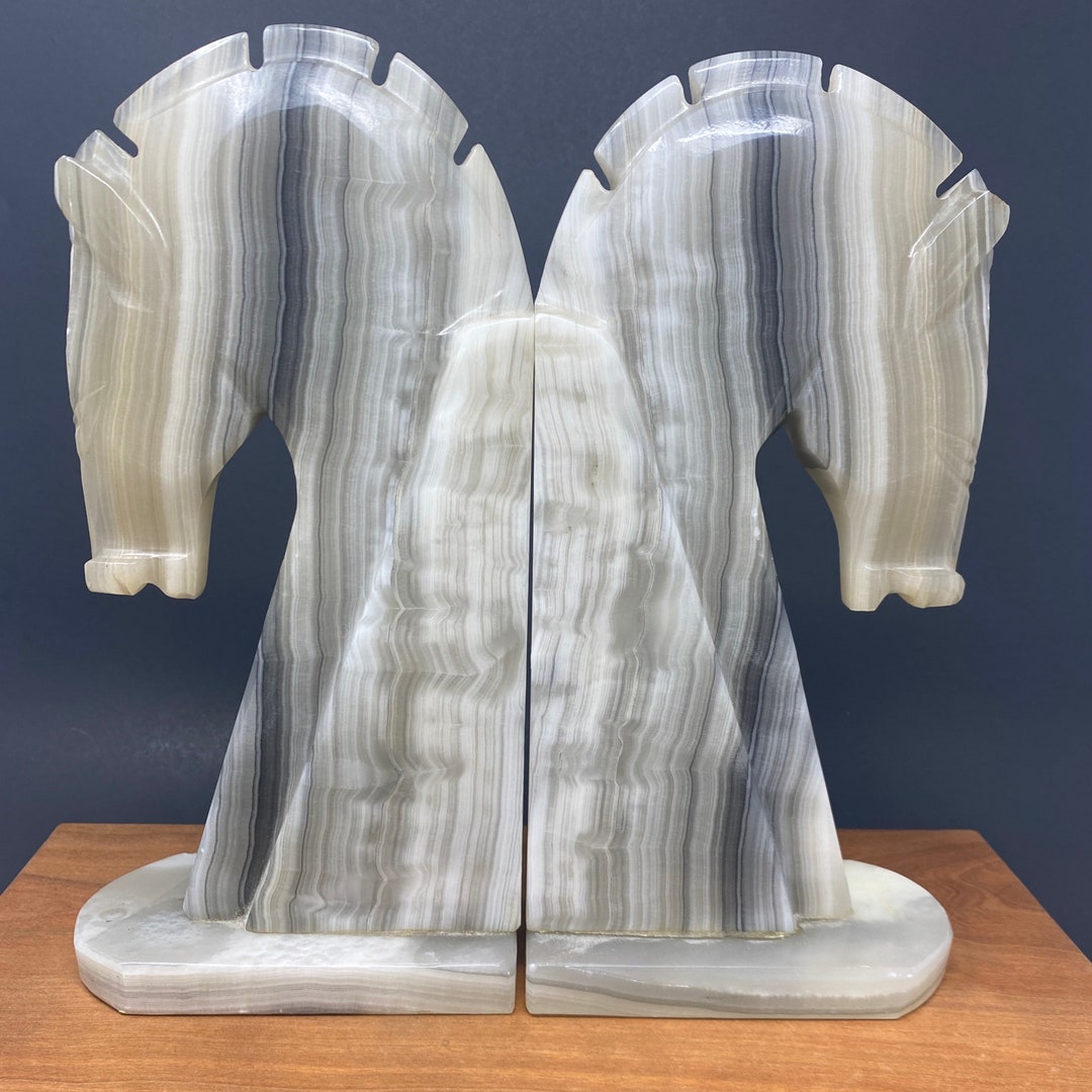 Horse Bookends, Onyx Horse Bookend, Pair of Onyx Horse Head Bookends