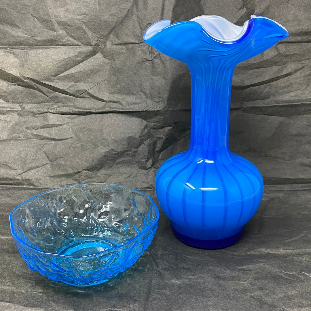 Blue Glass Vase, Blue Glass Bowl, Gift Set, Ruffle Vase, Blue Glass