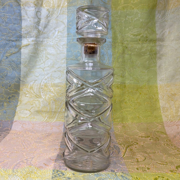 Vintage bottle, vintage pressed glass liquor bottle, glass liquor bottle with stopper, large glass bottle, vintage glass whiskey bottle