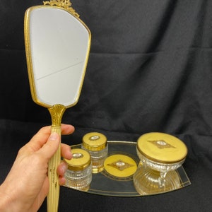Vintage hand mirror, dresser hand mirror, vintage vanity set, vintage hand mirror with handle, dresser set, vanity mirror set, powder jar