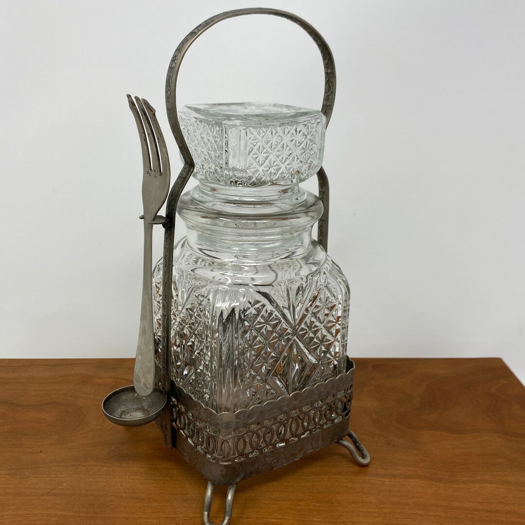 Vintage Glass Silver Condiment Caddy, Silver Plated Serving Caddy