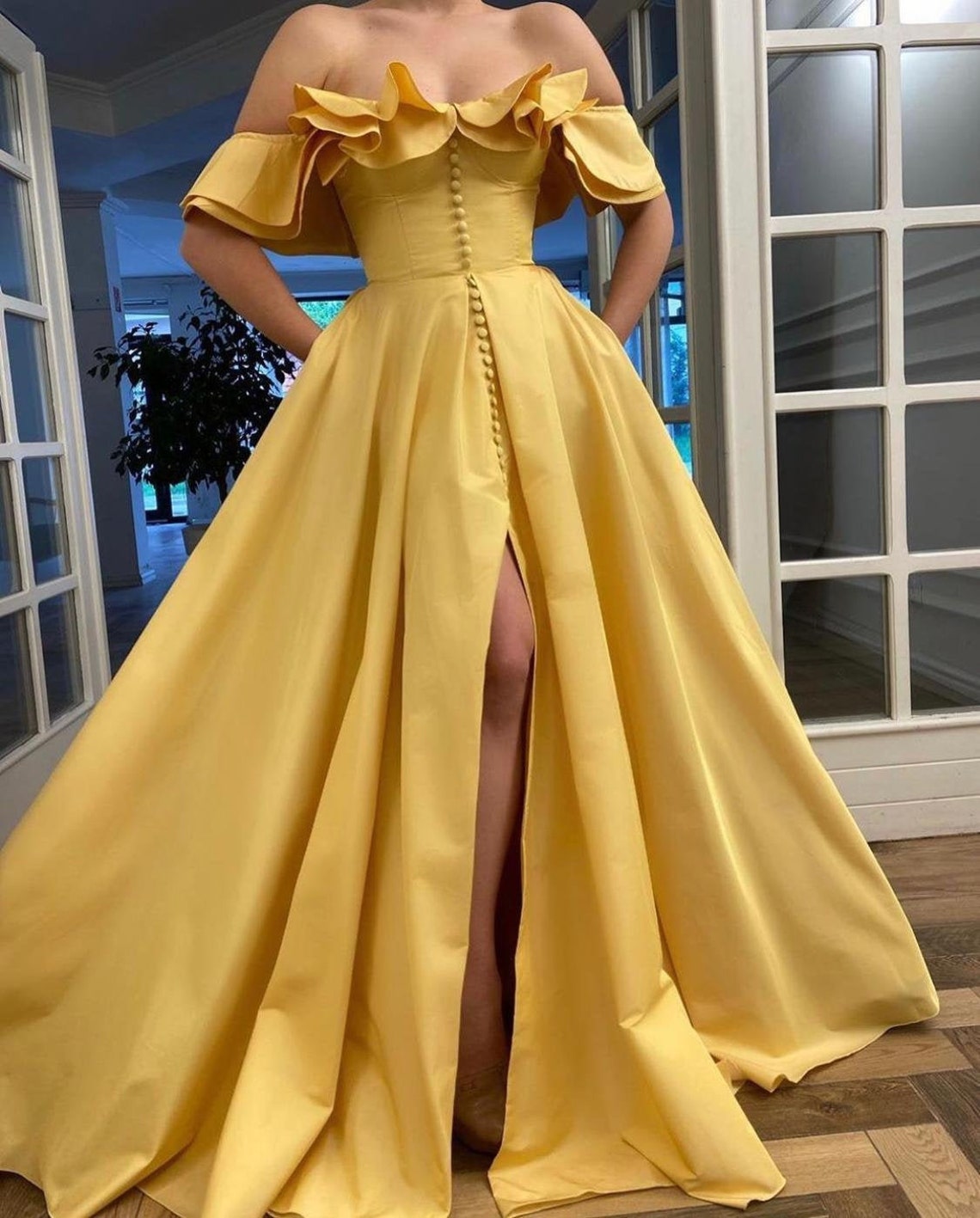 Off-shoulder yellow gown with sexy slit Black evening dress | Etsy
