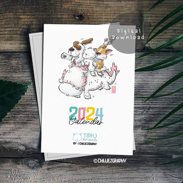 DIGITAL Printable 2024 Desk Calendar, 12 Months Cute Calendar, Cat Lover Gift, Downloadable PDF, Tofu and Friends