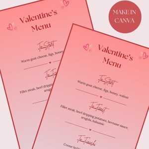 Edytowalna specjalna karta menu na Walentynki, czerwono-biało-różowy szablon A5 do wydrukowania, Canva Digital Download, ładna i elegancka