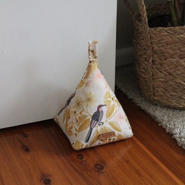 Handmade Doorstop - Honey Eater and Eucalyptus Gum Blossoms- Australian Designer Fabric by Jocelyn Proust