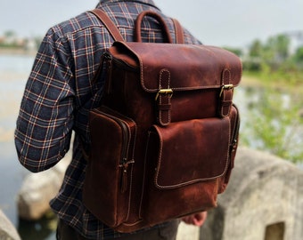 Leather Backpack For Men Women Handmade Personalised Laptop Backpack Leather Trekking Backpack Leather Hiking Rucksack Bag Valentines gift