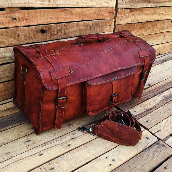 Leather Duffle Bag Handmade Leather Weekender Gym Bag Men Vacation Duffel Bag Travel Bag Overnight Bag, Leather Flap Holdall