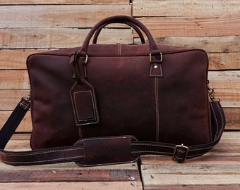 Handmade Buff Leather Duffle Bag: Cabin Size Weekender