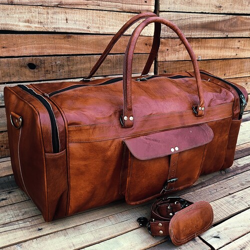 Leather Duffle Bag Handmade Leather Weekender Gym Bag Etsy UK