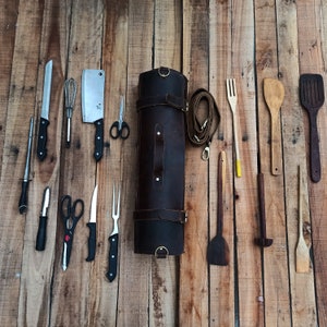 Personalised Leather Knife Roll Handmade Leather Chef Roll Monogrammed Knife Storage Roll Leather knife Bag Knife Holder Gifts for Chef