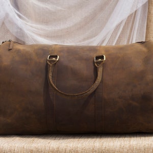 Handmade Buffalo Leather Duffle Bag: Cabin Size Weekender, Gym Travel Bag