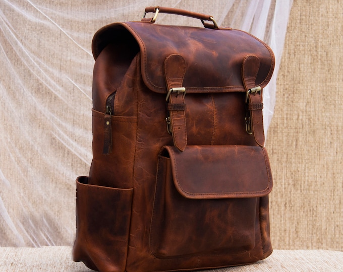 Leather Backpack For Men Women Handmade Personalised Laptop Bag Trekking Hiking Rucksack Mothers Day