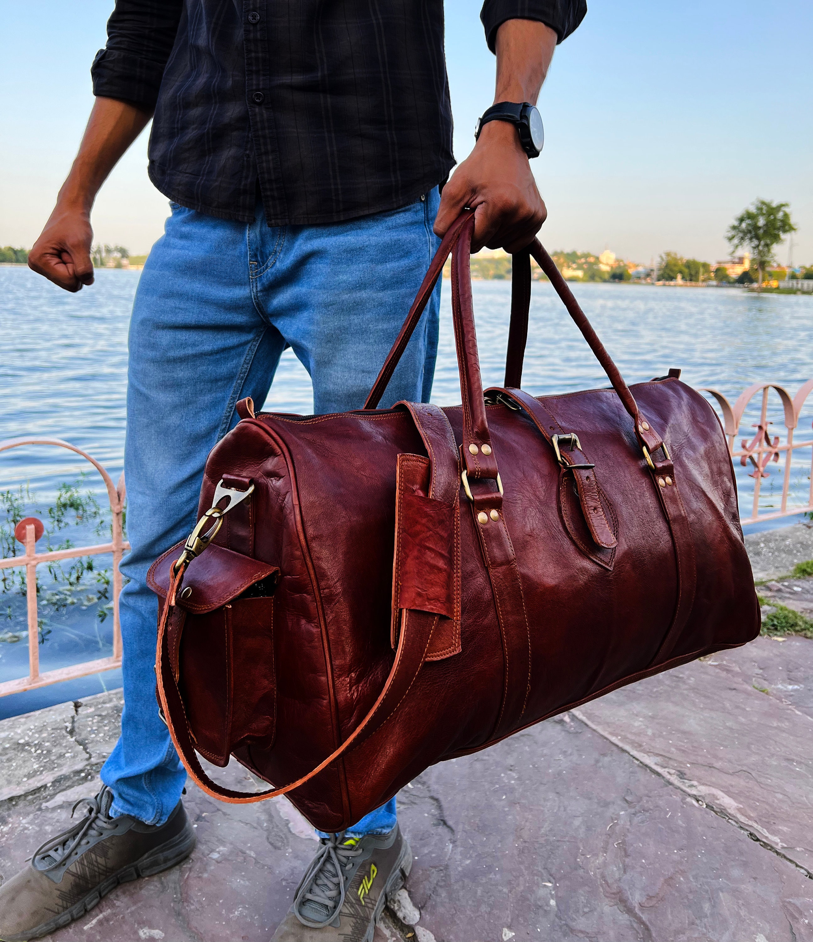 Vrai Cuir Large Brown Leather Backpack Drawstring Many Pockets 10” X 5 “ X 13” Leather Duffle Bag Handmade Leather Weekender Gym Bag  main image 3