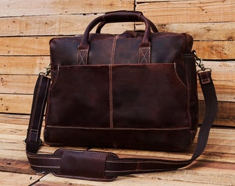 Personalized Leather Briefcase, Leather Work Bag with Compartments, Messenger Laptop Bag for Men and Women,  Mothers Day