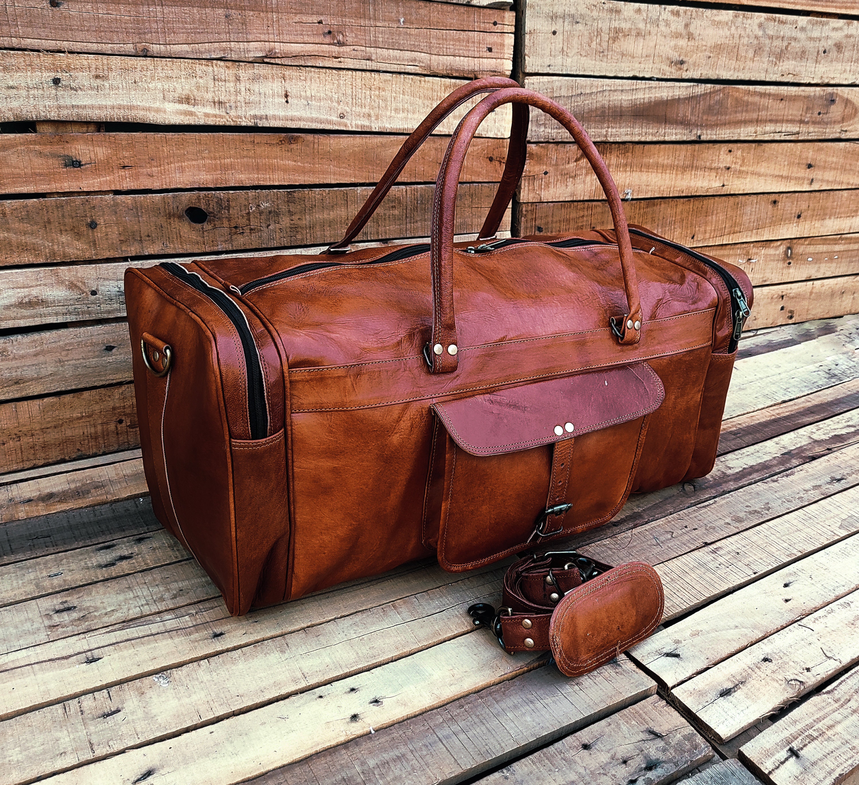 handmade leather duffle bag