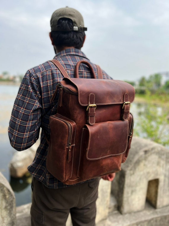 Leather Backpack Handmade Leather Rucksack Personalised Laptop Backpack Leather Trekking Backpack Hiking Bag Men Women Valentines Gifts