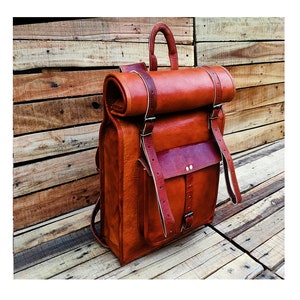Handmade Leather Roll top Backpack Leather Rucksack Personalised Leather Laptop Backpack Leather Hiking Bag Men Women