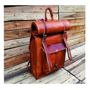 Handmade Leather Roll top Backpack Leather Rucksack Personalised Leather Laptop Backpack Leather Hiking Bag Men Women