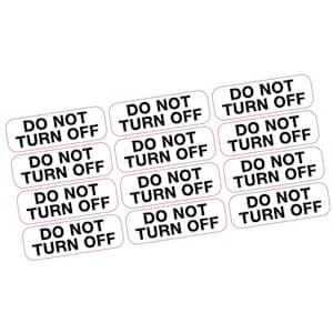 May include: A sheet of eleven rectangular adhesive labels arranged in a grid. Each white label features a thin purple border and the bold black text DO NOT TURN OFF printed in two lines. The labels are designed for clear warning and visibility.