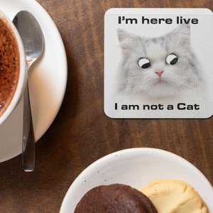 Op de afbeelding: Een witte onderzetter met een afbeelding van een kat met grote ogen en de tekst "I'm here live I am not a Cat".