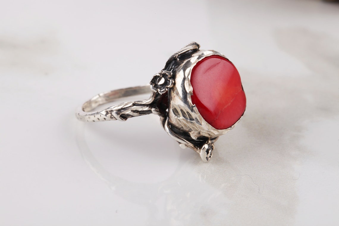 Coral Silver Ring 925 silver rings Natural Coral stone Etsy