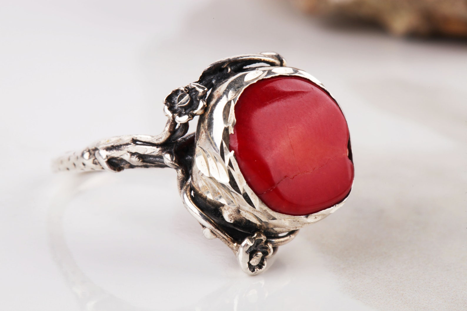 Coral Silver Ring 925 silver rings Natural Coral stone Etsy