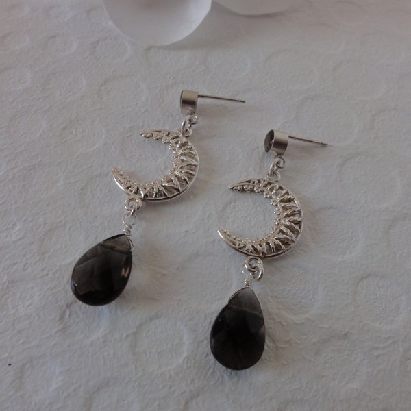 KHONSU : boucles d'oreilles-pendants en argent 925 et quartz fumé