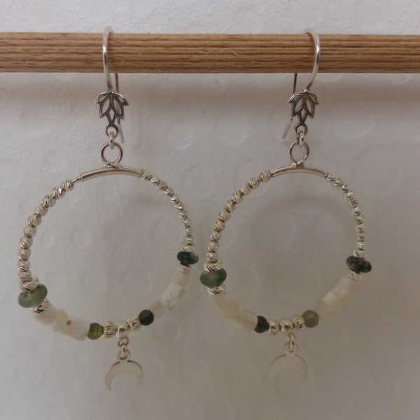 CYBELE : boucles d'oreilles-pendants-créoles en argent 925, agate mousse et nacre