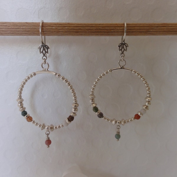 CHAMAN : boucles d'oreilles-pendants-crochets en argent 925 et agates indiennes