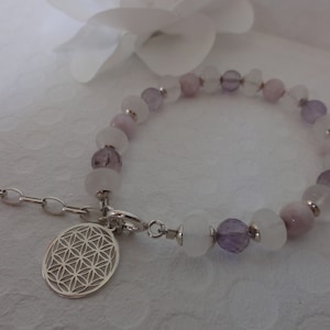 SERENITA : pulsera amuleto flor de la vida en plata 925 - amatista - selenita - kunzita