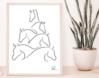 Printable Minimalist Horse  Tree Wall Art Drawing, Equestrian Horse Lover Gift, Minimal One Line Sketch, Abstract Equine Decor, Clip Art