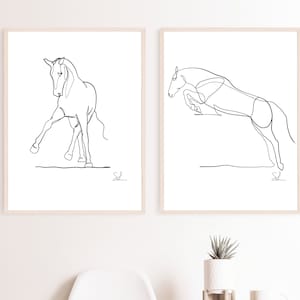 Conjunto de dos impresiones de arte mural minimalista de caballos, regalo ecuestre, dibujo minimalista de una línea, decoración equina abstracta, clip art, escandinavo