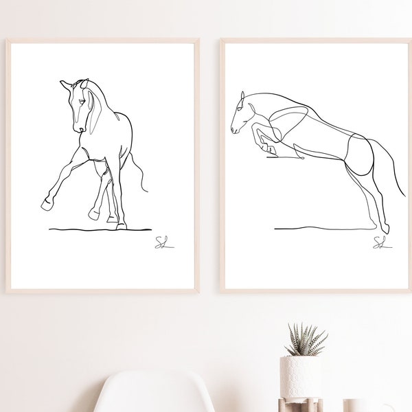 Set von zwei Pferden minimalistische Wandkunst, Reitsport Geschenk, Minimalistische One Line Zeichnung, Abstraktes Pferde Dekor, Clip Art, Skandinavisch