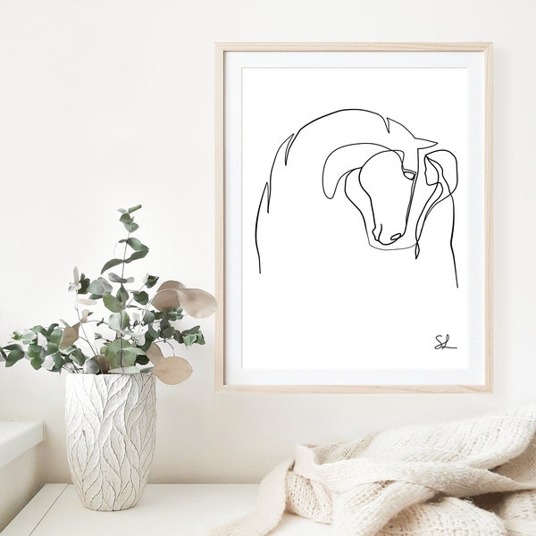 Art mural minimaliste imprimable cheval et fille, cadeau pour amateur de chevaux équestres, dessin minimaliste d'une ligne, décoration équine abstraite, clipart