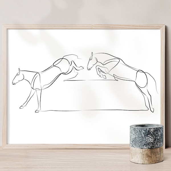 Art mural minimaliste imprimable cheval de saut et d'atterrissage, cadeau pour amateur de chevaux équestres, dessin minimaliste d'une ligne, décoration abstraite, clipart