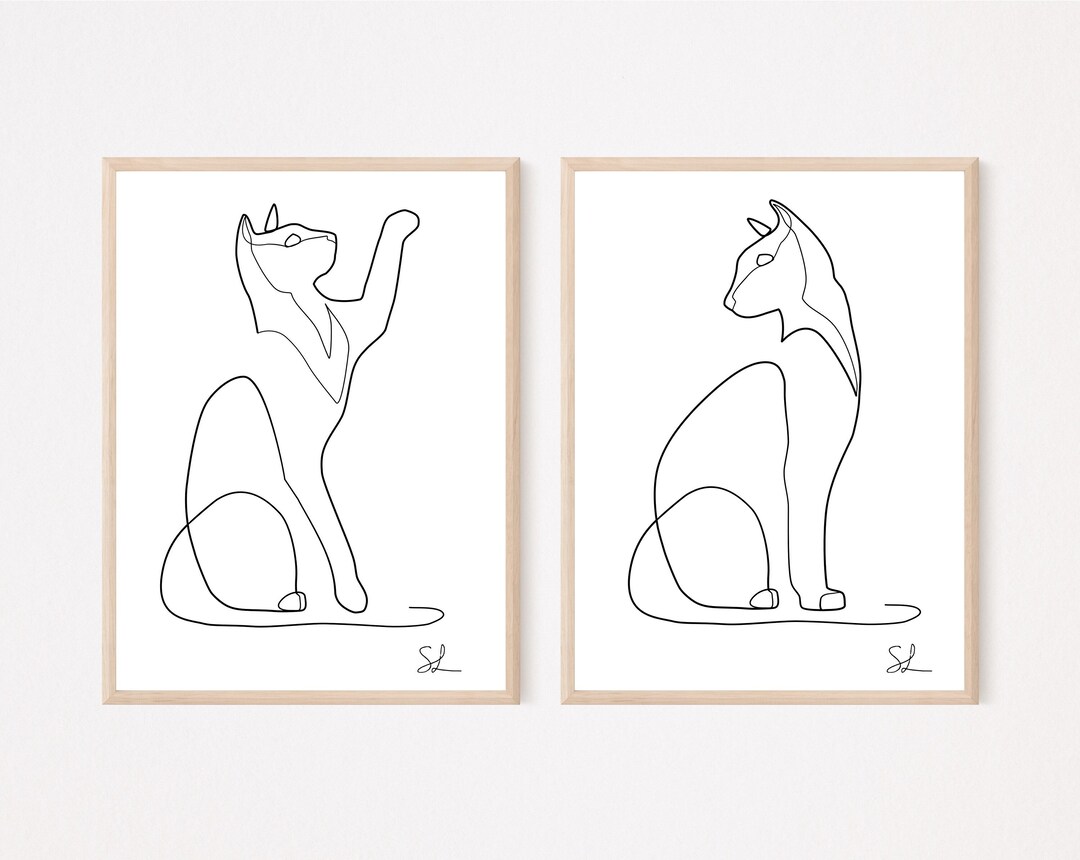 Set of Two Printable Cats Line Art Print, Cat Drawing Poster, One Line ...