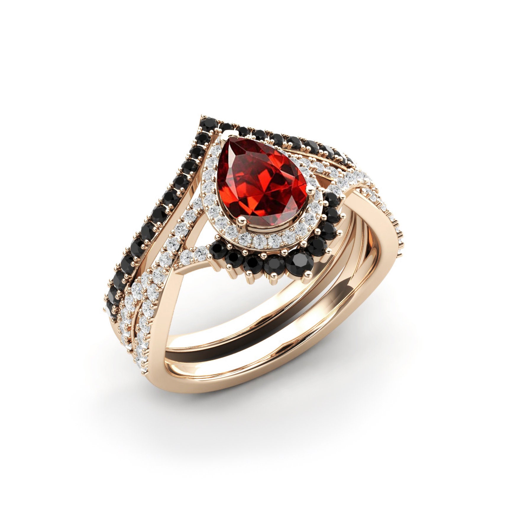 Pear Shaped Red Garnet Engagement Ring Set Garnet Ring Set | Etsy